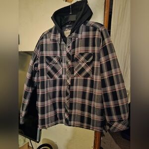Men's Black & Gray Plaid Hooded Flannel Jacket